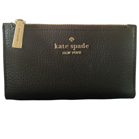 Kate Spade New York Leila Slim Bifold Wallet Black Pebbled Leather - Picture 1 of 7